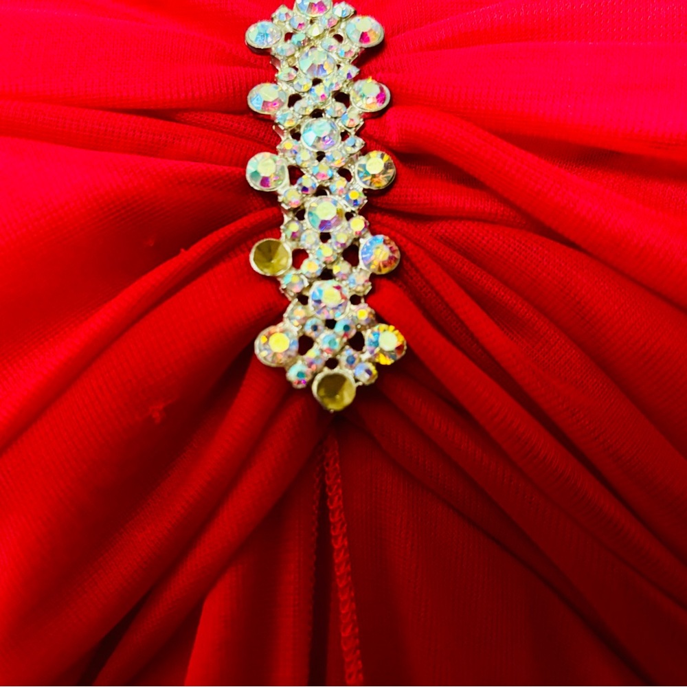 Vintage Y2K Cherry Red Maxi Halter Dress with Rhinestone Accents, Formal Gown - Picture 5 of 7